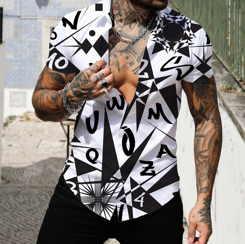 Vasariniai Geometric Print marškinėliai vyrams Palaidinės Camisas De Hombre Chemise Homme De Luxe Ropa Hombre Roupas Masculinas Vyriški drabužiai