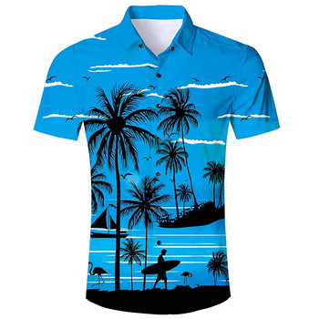 Ανδρικά πουκάμισα Χαβάης EU Size 5XL Coconut Tree 3D Εκτύπωση Καλοκαιρινό χαλαρό κοντομάνικο πουκάμισο Casual με κουμπί πουκάμισα για την παραλία Holiday