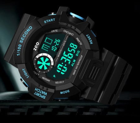 Vandeniui atsparus elektroninis laikrodis su guminiu dirželiu