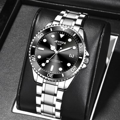 Vyriškas laikrodis su metaline apyranke ir šviečiančiomis rodyklėmis – keli modeliai