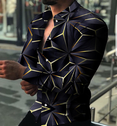 Pavasario ruduo, kvadratinis tinklelis Laipsniški vyriški madingi marškiniai su atlenkiama apykakle Marškiniai su sagomis Kasdieniai marginti viršutiniai ilgomis rankovėmis S-5XL