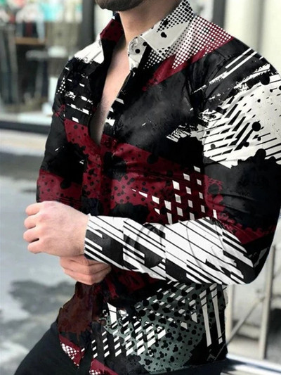 Pavasario ruduo, kvadratinis tinklelis Laipsniški vyriški madingi marškiniai su atlenkiama apykakle Marškiniai su sagomis Kasdieniai marginti viršutiniai ilgomis rankovėmis S-5XL