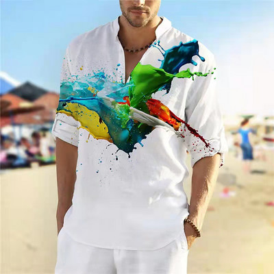 Muške košulje Proljeće Ljeto Vintage otisnute široke košulje dugih rukava s tankim gumbima od imitacije lana za muškarce Ležerna odjeća velikih veličina