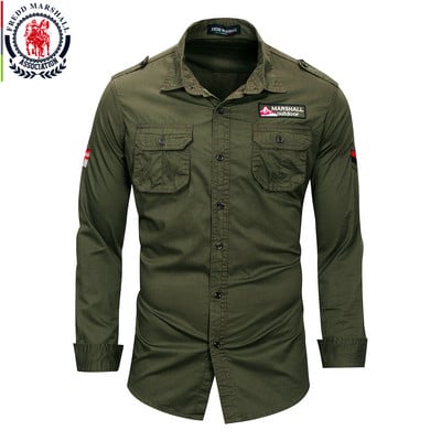 Fredd Marshall 2021 Νέο 100% βαμβακερό στρατιωτικό πουκάμισο ανδρικό μακρυμάνικο casual φόρεμα ανδρικό πουκάμισο εργασίας Cargo με κέντημα 115