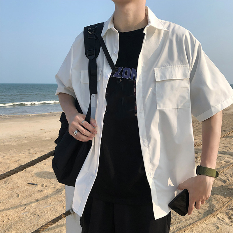 Ανδρικά λευκά πουκάμισα EBAIHUI με σετ γραβάτα Preppy ομοιόμορφο DK Φαρδύ μακρυμάνικο πουκάμισο Ζευγάρι Φαρδιά βασικά κοντό πουκάμισο Ασιατικό μέγεθος