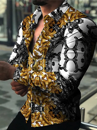 Madingi Prabangūs socialiniai vyriški marškiniai su užsegimu apykakle, laisvalaikio gėlėmis rašyti ilgomis rankovėmis viršūnės Vyriški drabužiai Prom megztinis