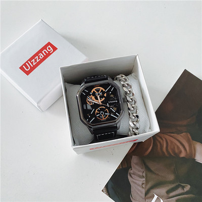 Új modell négyszögletes férfi karóra bőr szíjjal