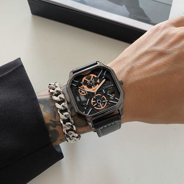 Új modell négyszögletes férfi karóra bőr szíjjal