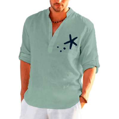 Nauji vyriški laisvalaikio lininiai marškiniai ilgomis rankovėmis Vienspalviai dideli medžio raštais vyriški laisvalaikio marškiniai Laisvi, didelio dydžio viršūnės