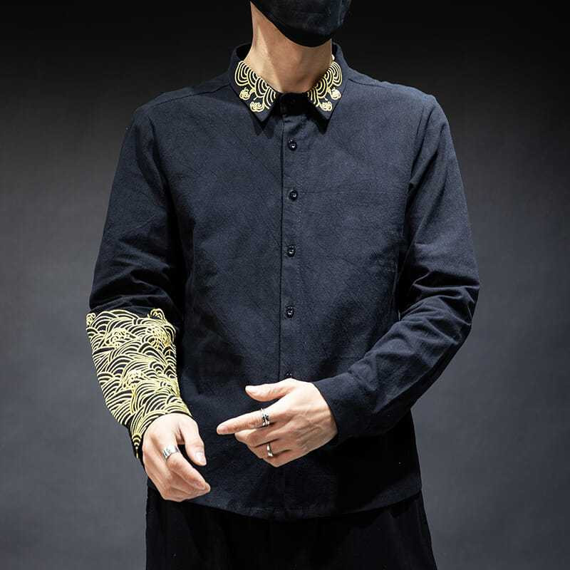 Hímzett üzleti temperamentum ing Férfi, hosszú ujjú, alkalmi, teljesen passzoló alsó ing Divatos, jóképű, nagy méretű kabátfelső