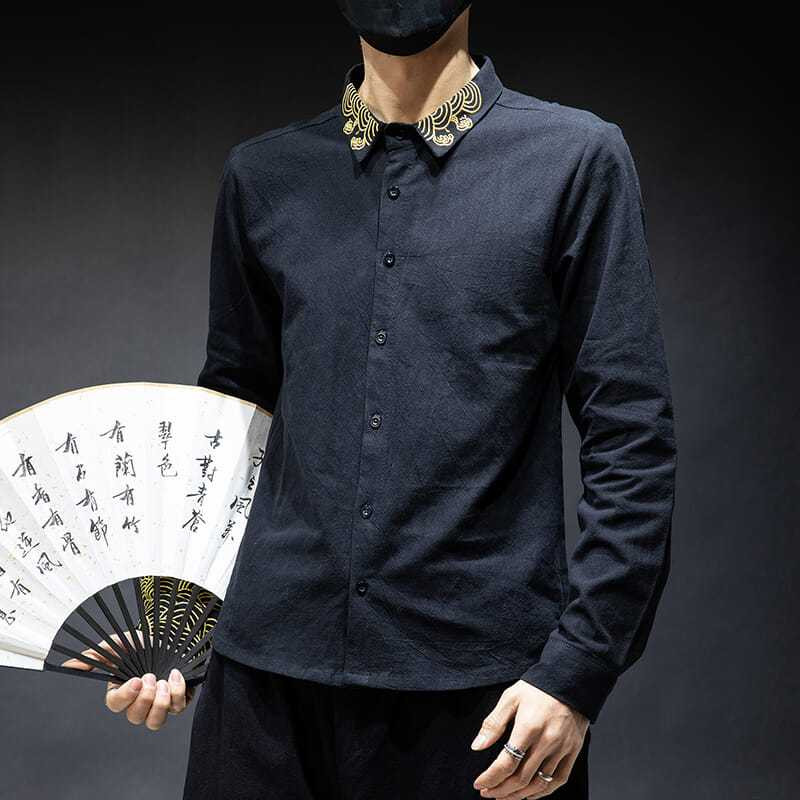 Hímzett üzleti temperamentum ing Férfi, hosszú ujjú, alkalmi, teljesen passzoló alsó ing Divatos, jóképű, nagy méretű kabátfelső