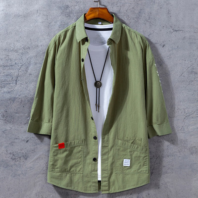 Nauji marškiniai Vyriški rudeniniai paltai trijų ketvirčių rankovėmis Korėjietiško japoniško stiliaus Madingi Laisvi laisvalaikio jaunimo dvi didelės kišenės Armijos žalsvi marškiniai