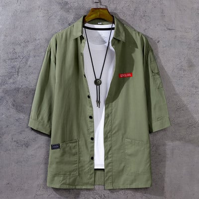 Nauji marškiniai Vyriški rudeniniai paltai trijų ketvirčių rankovėmis Korėjietiško japoniško stiliaus Madingi Laisvi laisvalaikio jaunimo dvi didelės kišenės Armijos žalsvi marškiniai