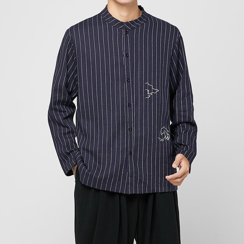 Madingi lininiai ilgomis rankovėmis vyriški marškiniai Kinietiško stiliaus didelio dydžio siuvinėtos palaidinės Dryžuoti laisvi vyriški drabužiai Laisvalaikis megztinis