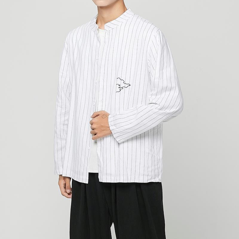 Madingi lininiai ilgomis rankovėmis vyriški marškiniai Kinietiško stiliaus didelio dydžio siuvinėtos palaidinės Dryžuoti laisvi vyriški drabužiai Laisvalaikis megztinis