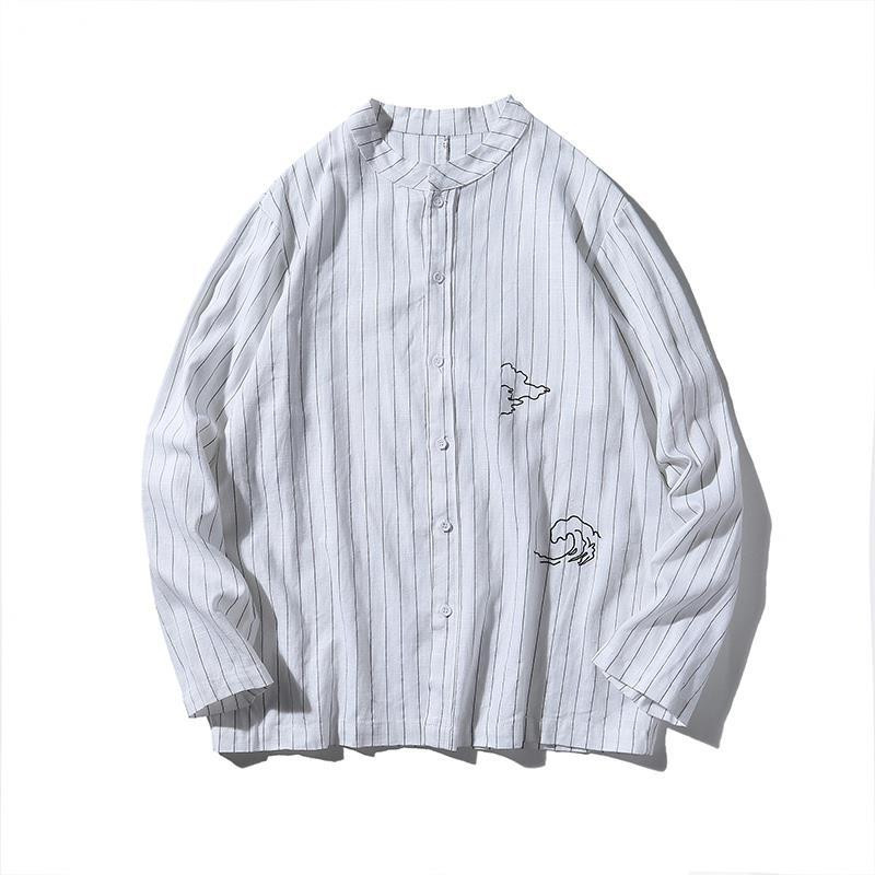 Madingi lininiai ilgomis rankovėmis vyriški marškiniai Kinietiško stiliaus didelio dydžio siuvinėtos palaidinės Dryžuoti laisvi vyriški drabužiai Laisvalaikis megztinis