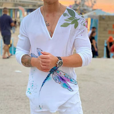 Őszi divat Férfi Bird Butterfly Print Srits Kardigán Hosszú ujjú ing Alkalmi Minőségi Vékony Bő ing Férfi Ruházat