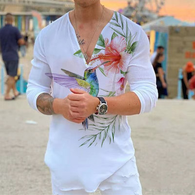 Őszi divat Férfi Bird Butterfly Print Srits Kardigán Hosszú ujjú ing Alkalmi Minőségi Vékony Bő ing Férfi Ruházat