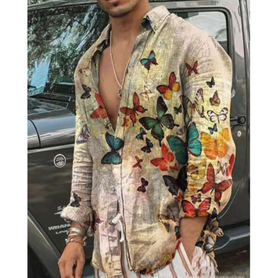 Őszi divat Férfi Bird Butterfly Print Srits Kardigán Hosszú ujjú ing Alkalmi Minőségi Vékony Bő ing Férfi Ruházat