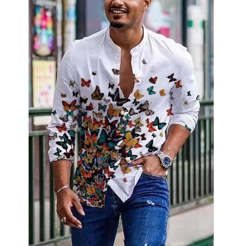 Őszi divat Férfi Bird Butterfly Print Srits Kardigán Hosszú ujjú ing Alkalmi Minőségi Vékony Bő ing Férfi Ruházat