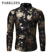 Parklees arany virágmintás férfi ingek 2022 őszi új hosszú ujjú bronzosító alkalmi ingek Slim Fit Party Stage közösségi ingek