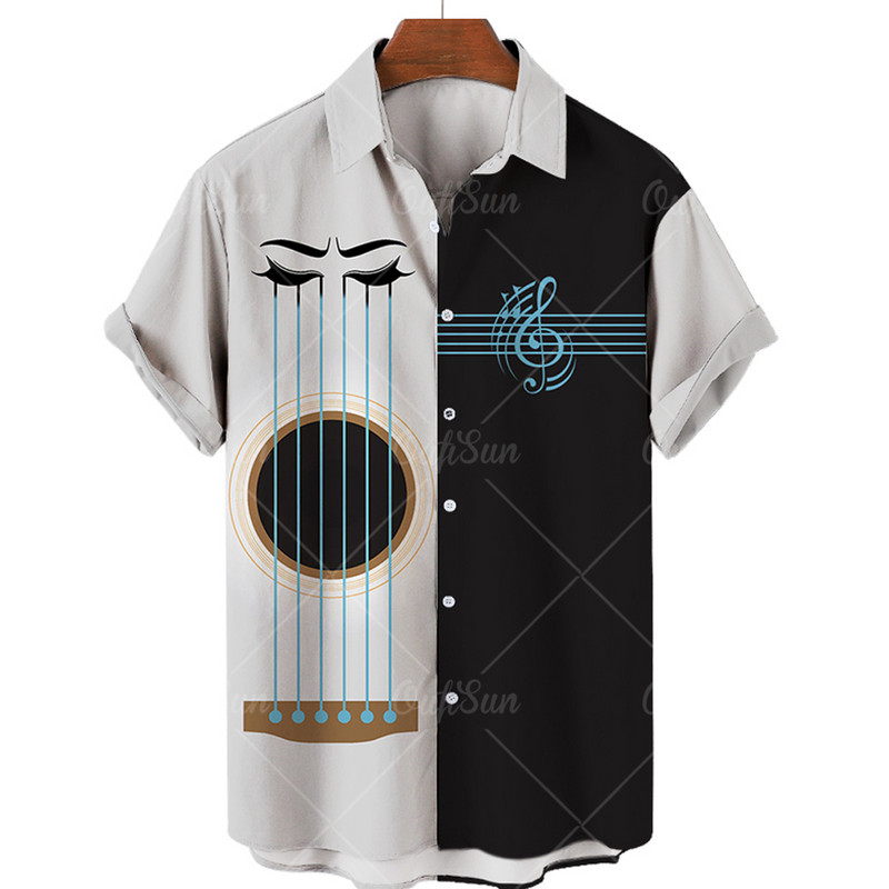 Hawaii Férfi Zenei ing 3D Print Musical Note ingek Férfinak Túlméretes Rock Tee ing Férfi Ruházat Férfi Camisa Férfi Tervező