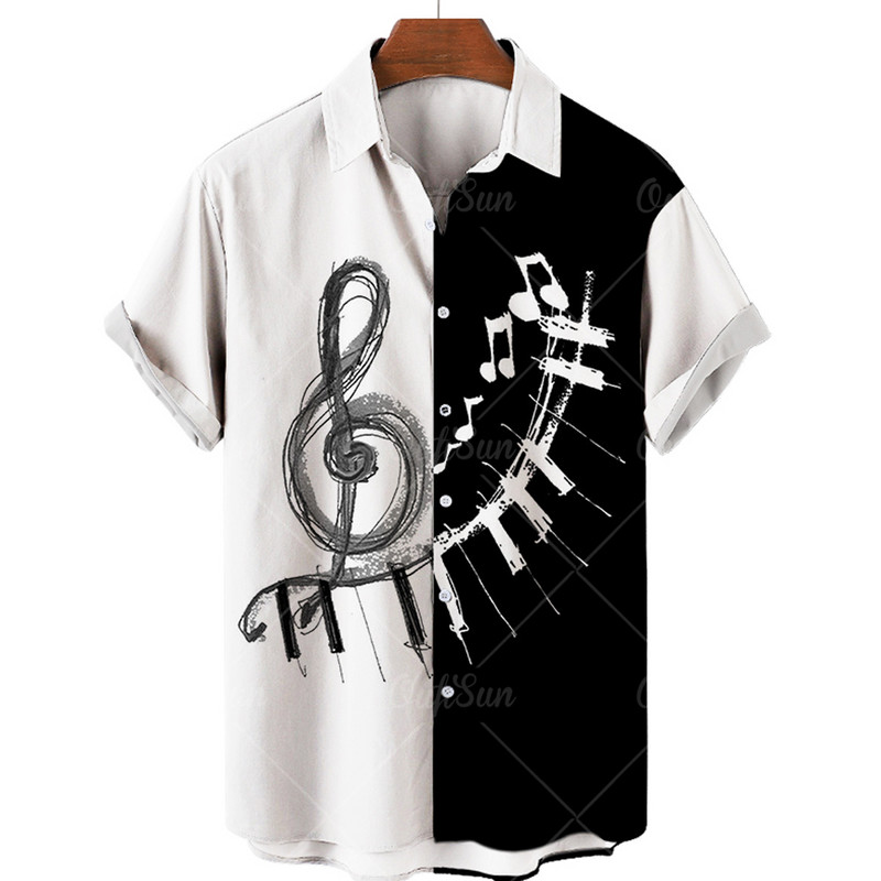 Hawaii Férfi Zenei ing 3D Print Musical Note ingek Férfinak Túlméretes Rock Tee ing Férfi Ruházat Férfi Camisa Férfi Tervező