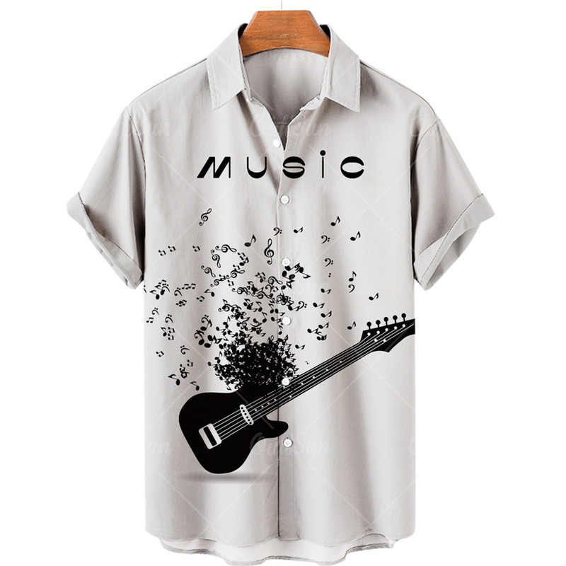 Hawaii Férfi Zenei ing 3D Print Musical Note ingek Férfinak Túlméretes Rock Tee ing Férfi Ruházat Férfi Camisa Férfi Tervező
