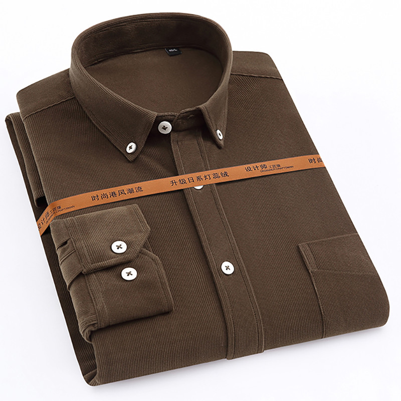 Őszi téli kordbársony férfi masszív ingek Alkalmi poliészterszálas teljes ujjú férfi üzleti ing szabadidő zsebes felsők
