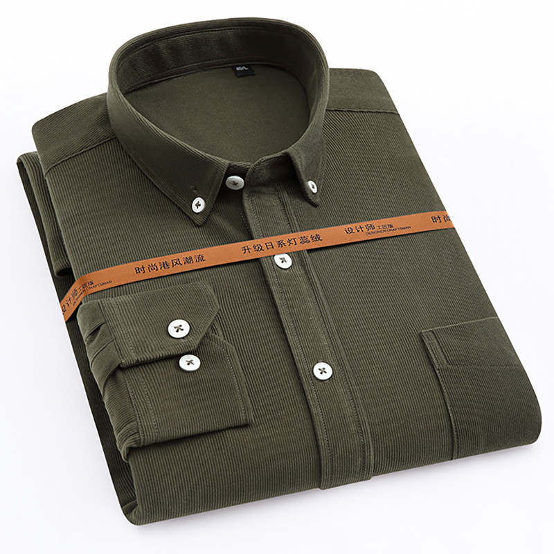 Őszi téli kordbársony férfi masszív ingek Alkalmi poliészterszálas teljes ujjú férfi üzleti ing szabadidő zsebes felsők