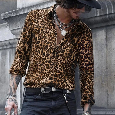 Vyriški marškiniai su leopardo raštais skaitmenine spauda Vyriški laisvalaikio marškinėliai ilgomis rankovėmis Vyriški marškiniai Top Tide prekės ženklo drabužiai