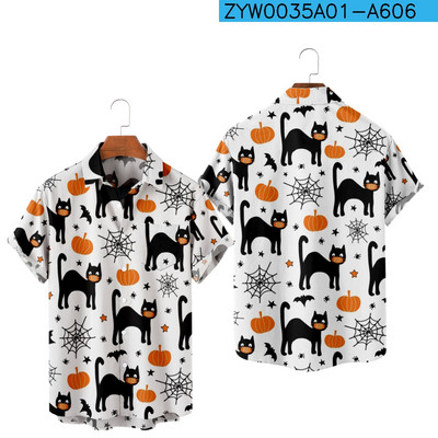 2022 nova muška ležerna prozračna majica kratkih rukava modna muška košulja na rever Hawaii s plažom noć vještica crna mačka