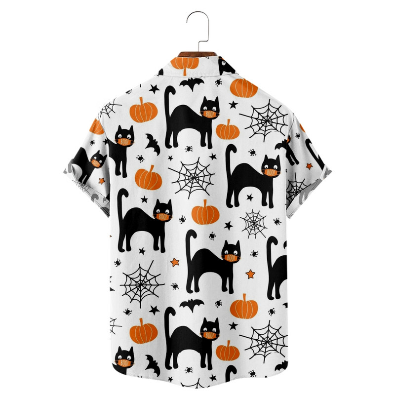 2022 nova muška ležerna prozračna majica kratkih rukava modna muška košulja na rever Hawaii s plažom noć vještica crna mačka