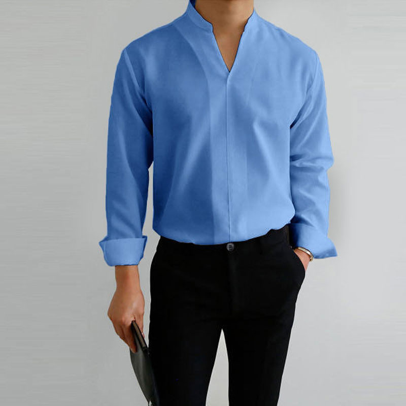 2022-es új ing Férfi tömör, álló gallér, hosszú ujjú Fit Férfi ing Munkahelyi ifjúsági ingek Four Seasons Wear felső Harajuku ruházat