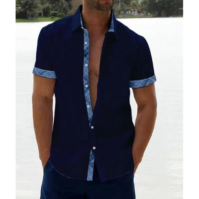 Nauji laisvalaikio vyriški marškiniai Laisvi susiliejančių spalvų kišeniniai šortai rankovėmis Laisvalaikiai marškiniai su sutrumpinta apykakle Viršutiniai vasaros drabužiai Homme M-5XL