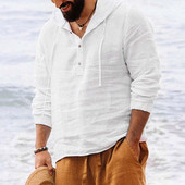 Vyriški marškiniai su gobtuvu vienspalviai rudeniniai marškinėliai ilgomis rankovėmis Kasdieniai sagos Medvilniniai Lininiai Vintažiniai vasaros paplūdimio marškiniai Camisa Masculina