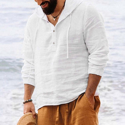 Vyriški marškiniai su gobtuvu vienspalviai rudeniniai marškinėliai ilgomis rankovėmis Kasdieniai sagos Medvilniniai Lininiai Vintažiniai vasaros paplūdimio marškiniai Camisa Masculina