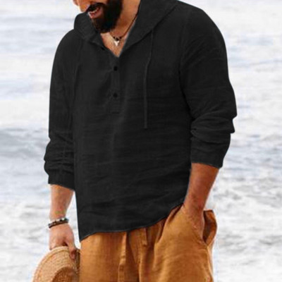 Vyriški marškiniai su gobtuvu vienspalviai rudeniniai marškinėliai ilgomis rankovėmis Kasdieniai sagos Medvilniniai Lininiai Vintažiniai vasaros paplūdimio marškiniai Camisa Masculina