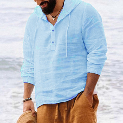 Vyriški marškiniai su gobtuvu vienspalviai rudeniniai marškinėliai ilgomis rankovėmis Kasdieniai sagos Medvilniniai Lininiai Vintažiniai vasaros paplūdimio marškiniai Camisa Masculina