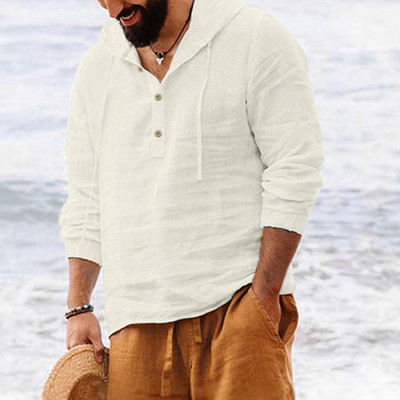 Vyriški marškiniai su gobtuvu vienspalviai rudeniniai marškinėliai ilgomis rankovėmis Kasdieniai sagos Medvilniniai Lininiai Vintažiniai vasaros paplūdimio marškiniai Camisa Masculina