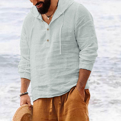 Vyriški marškiniai su gobtuvu vienspalviai rudeniniai marškinėliai ilgomis rankovėmis Kasdieniai sagos Medvilniniai Lininiai Vintažiniai vasaros paplūdimio marškiniai Camisa Masculina