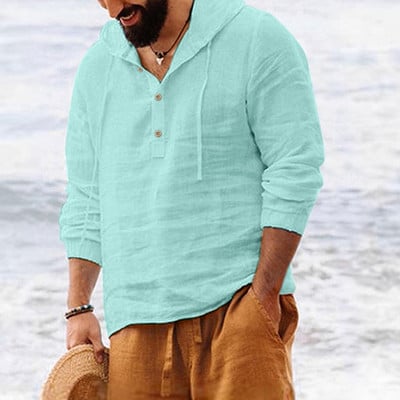 Vyriški marškiniai su gobtuvu vienspalviai rudeniniai marškinėliai ilgomis rankovėmis Kasdieniai sagos Medvilniniai Lininiai Vintažiniai vasaros paplūdimio marškiniai Camisa Masculina
