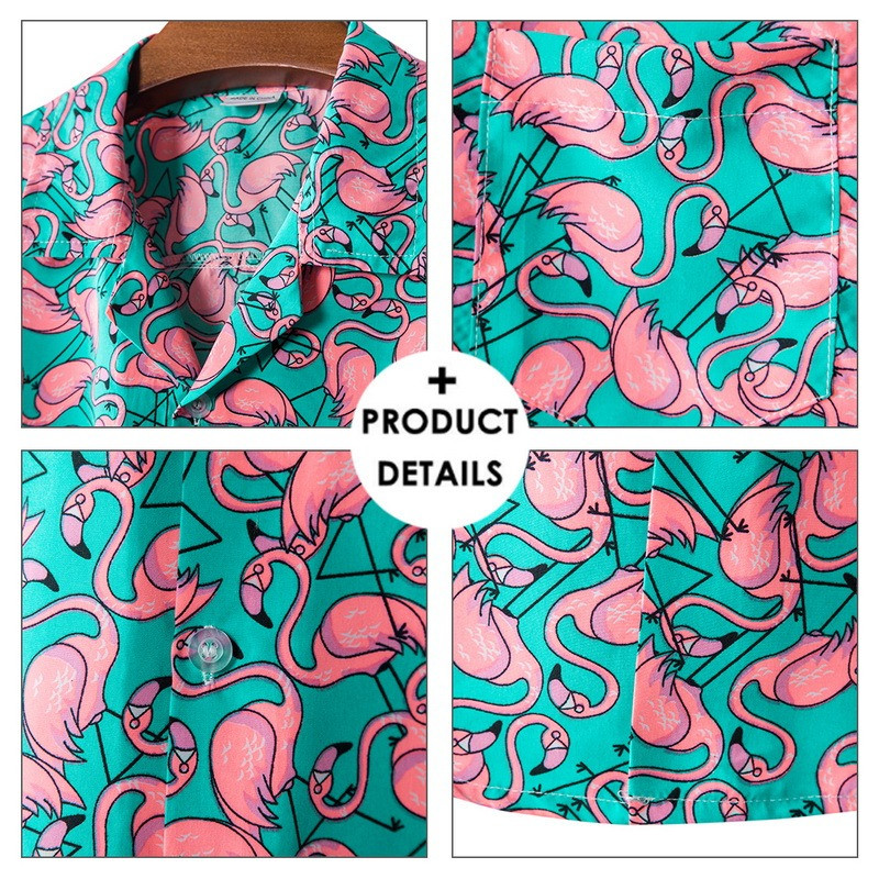 Stiilne flamingoprinteriga Hawaii Aloha särk, Meeste 2021. aasta suvine uued lühikeste varrukatega rannasärgid Meeste pühadepeo-puhkuseriided