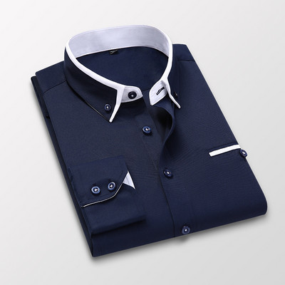 Minőségi férfi ing, hosszú ujjú twill tömör csíkos ruha üzleti irodai alkalmi ing Slim Fit férfi ingek