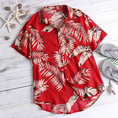 Suvised Hawaii punased särgid Troopilised särgid Lillelised meeste topid vabaaja särk lühikeste varrukatega puuvillane nööp Chemise Loose Vacation Beach