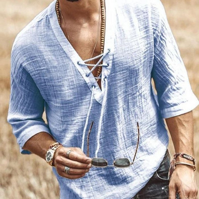 Nyári pamut vászon férfi ingek 2022 új alkalmi laza hosszú ujjú, álló gallér felsők Blúz tömör gombos V-nyakú férfi ingek felsők
