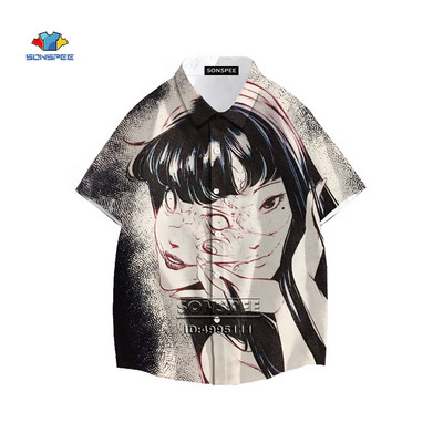 Japan Horror Manga Junji Ito marškinėliai 3D spausdinimu Tomie Girl Havajų marškiniai Vasariniai laisvalaikio paplūdimio marškiniai trumpomis rankovėmis, negabaričiais