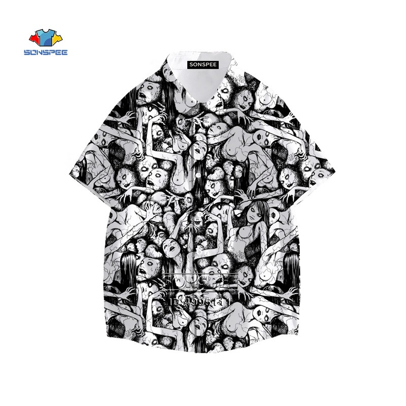 Jaapani õudusfilm Manga Junji Ito särk 3D prinditud Tomie tüdruku Hawaii särk Suvine vabaaja rannasärgid Lühikeste varrukatega Suured topid