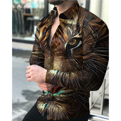 Луксозни социални мъжки ризи Риза с копчета с обърната яка Ежедневни горнища с дълъг ръкав с принт на тигър Мъжко облекло Жилетка за бално парти