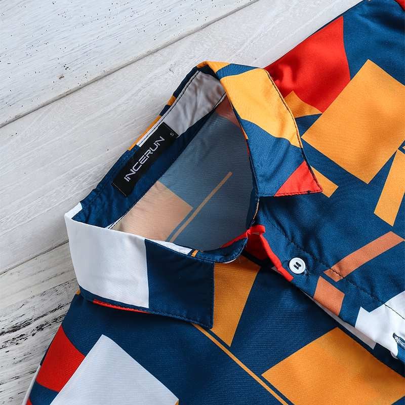 INCERUN Suvine meeste rannasärk Geomeetrilise trükiga lühikeste varrukatega rev Kaelus Nupp Vaba aeg Hawaii särgid Meeste 2022 tänavarõivad S-5XL